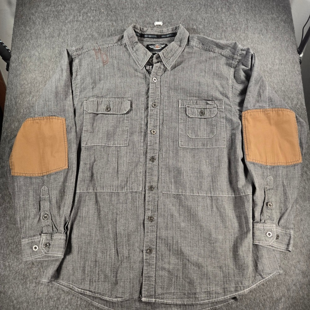 Harley-Davidson Mens 3XL Gray Long Sleeve Button Up Shirt Elbow Patches Moto